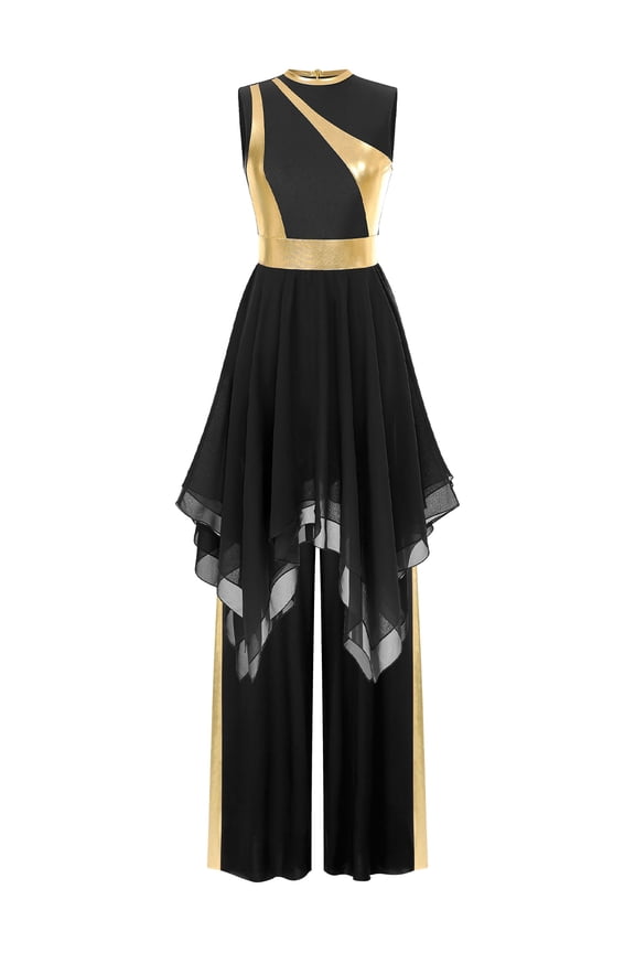 Women Liturgical Praise Dance Outfits Sleeveless Irregular Hem Overlay Dress with Pants Set Black S