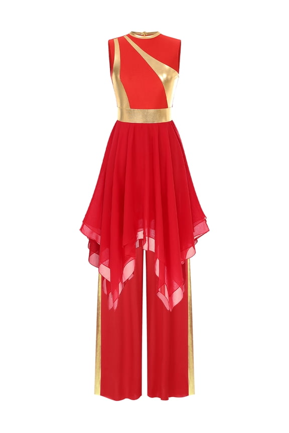 Women Liturgical Praise Dance Outfits Sleeveless Irregular Hem Overlay Dress with Pants Set Red S