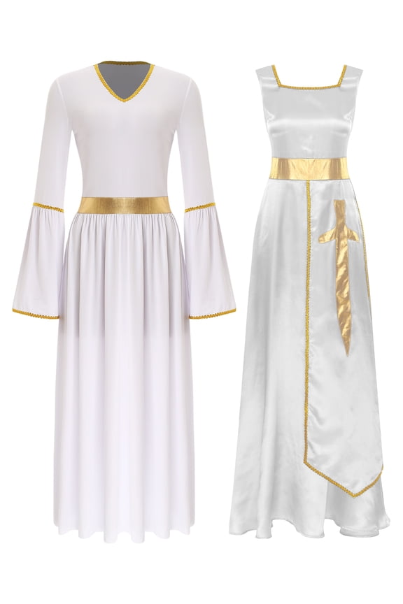 Women Liturgical Praise Dance Tunic Sleeveless Square Neck Overlay Dress (Dress Included) White&White XXL