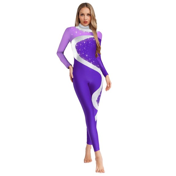 Doomiva Women Long Sleeve Shiny Rhinestone Gymnastics Leotard Ballet Gymnastics Bodysuit Purple L
