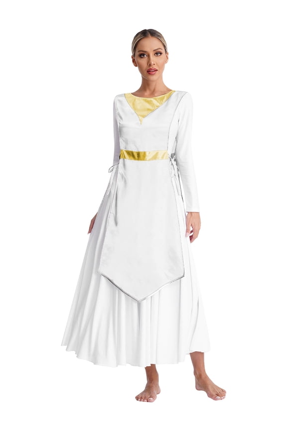 Women Loose Fit Praise Dance Tunic Metallic Patchwork Liturgical Worship Overlay Dress White XXL