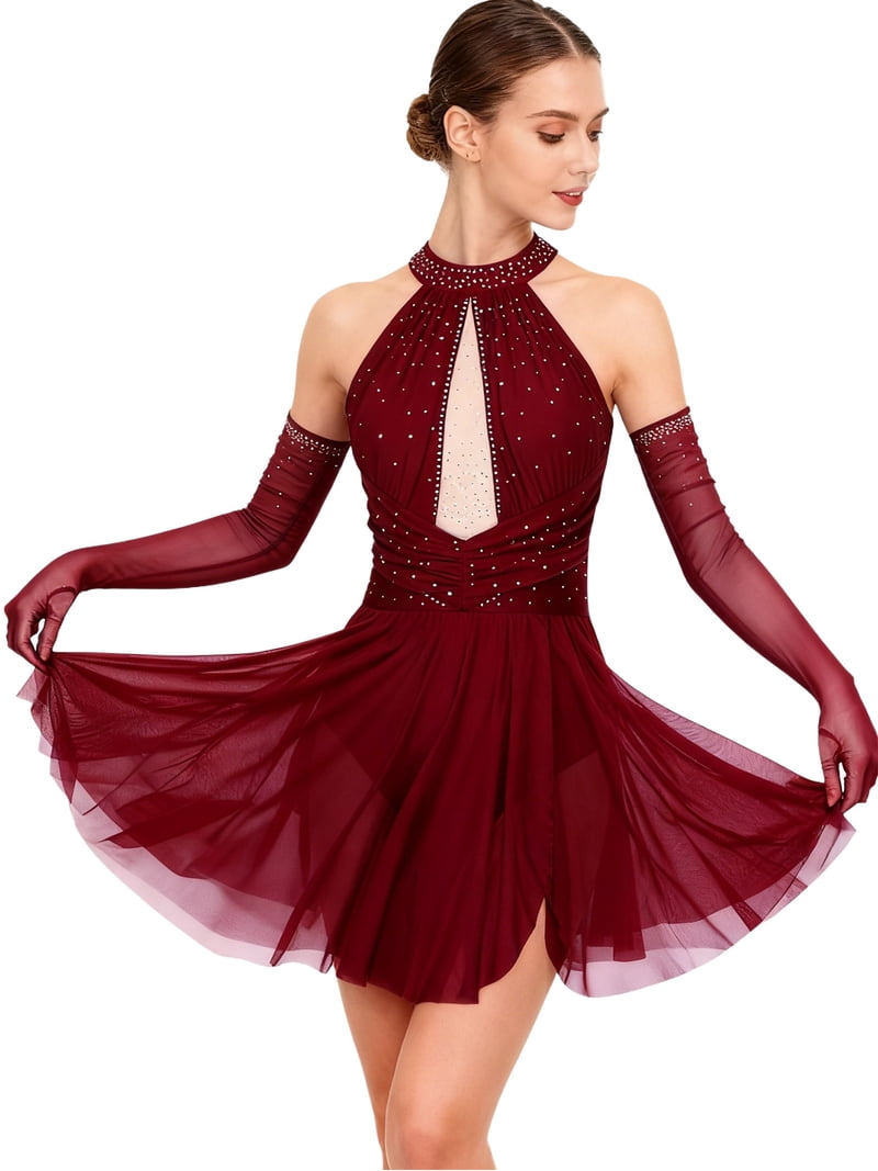 Doomiva Women Lyric Dance Dress Rhinestones Backless Ballet Gymnastic Figure Skating Dresses Black L