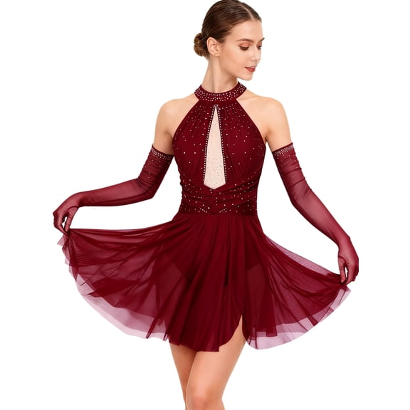 Doomiva Women Lyric Dance Dress Rhinestones Backless Ballet Gymnastic Figure Skating Dresses Burgundy L