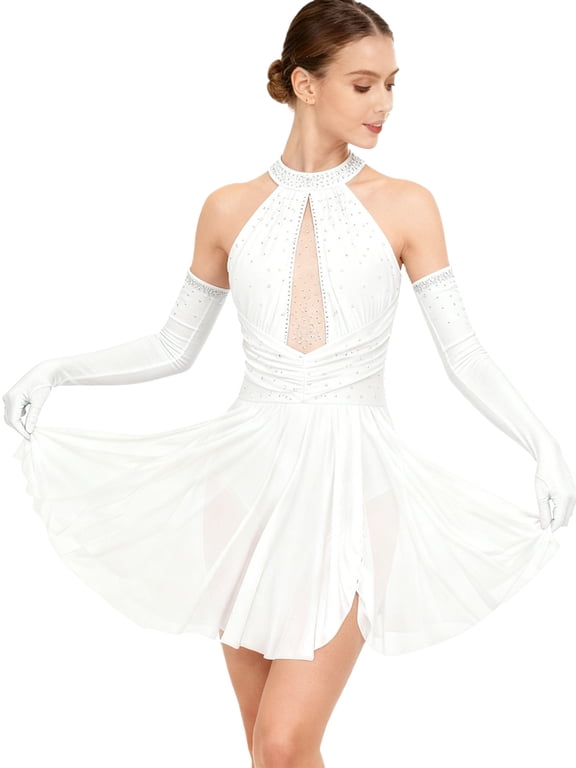 Women Lyric Dance Dress Rhinestones Backless Ballet Gymnastic Figure Skating Dresses White XL