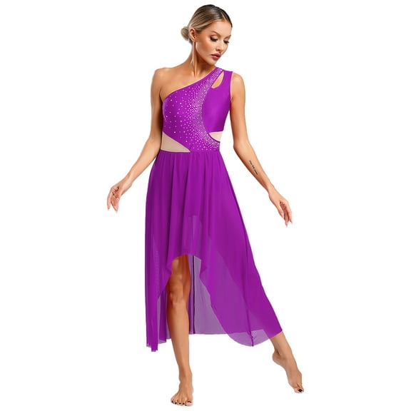 Doomiva Women Lyrical Ballet Dance Dress Sleeveless Asymmetrical Flowy Maxi Dress Modern Dancewear Purple M