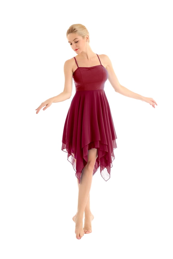 Women Lyrical Camisole Dress Spaghetti Straps Ballet Modern Dance Dress Wine_Red M