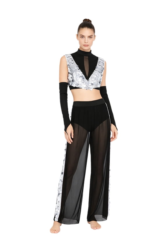 Women Lyrical Contemporary Dance Outfit Sleeveless Sequined Crop Top with Gloves and Mesh Pants Set Black Silver S