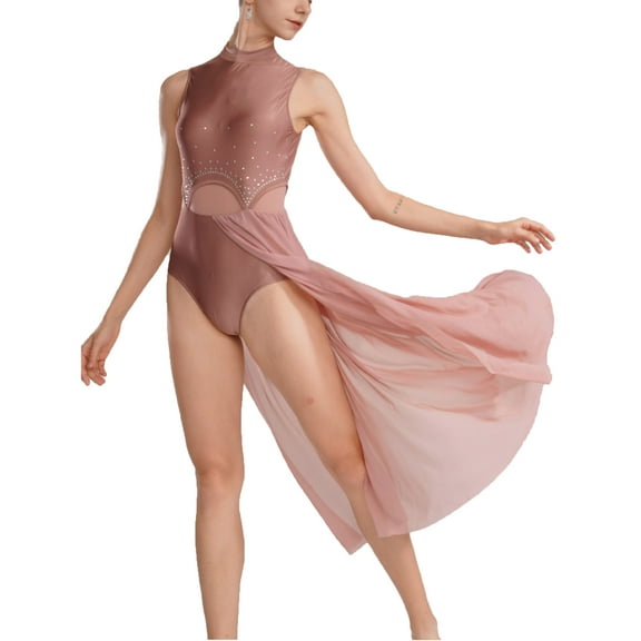 Doomiva Women Lyrical Dance Costumes Contemporary Sleeveless Mesh Tulle Flowy Maxi Dress Light Brown M