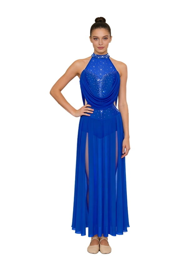 Women Lyrical Dance Dress Elegant Contemporary Dancewear Sleeveless Flowy Maxi Long Dress Royal Blue L