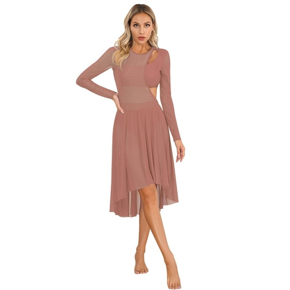 Doomiva Women Lyrical Dance Dress Long Sleeve Asymmetrical Hem Modern Contemporary Dance Dress Dusty Pink M