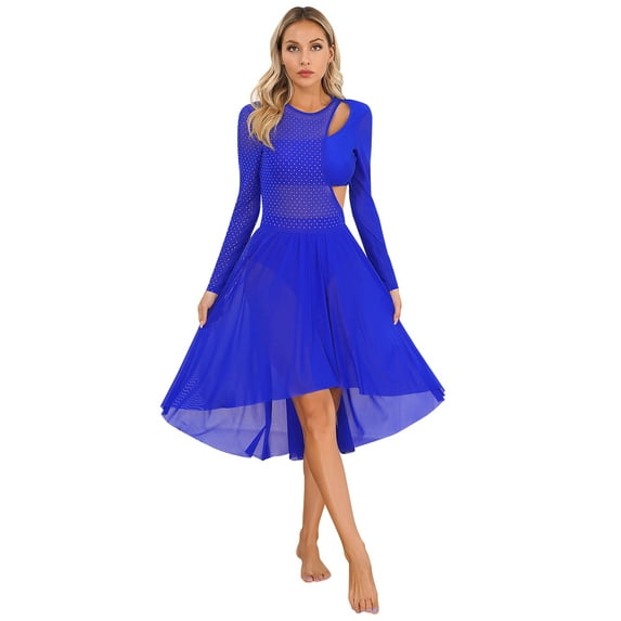 Doomiva Women Lyrical Dance Dress Long Sleeve Asymmetrical Hem Modern Contemporary Dance Dress Royal Blue S
