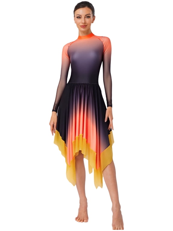 Women Lyrical Dance Dress Long Sleeve Asymmetrical Tunic Dress Orange S