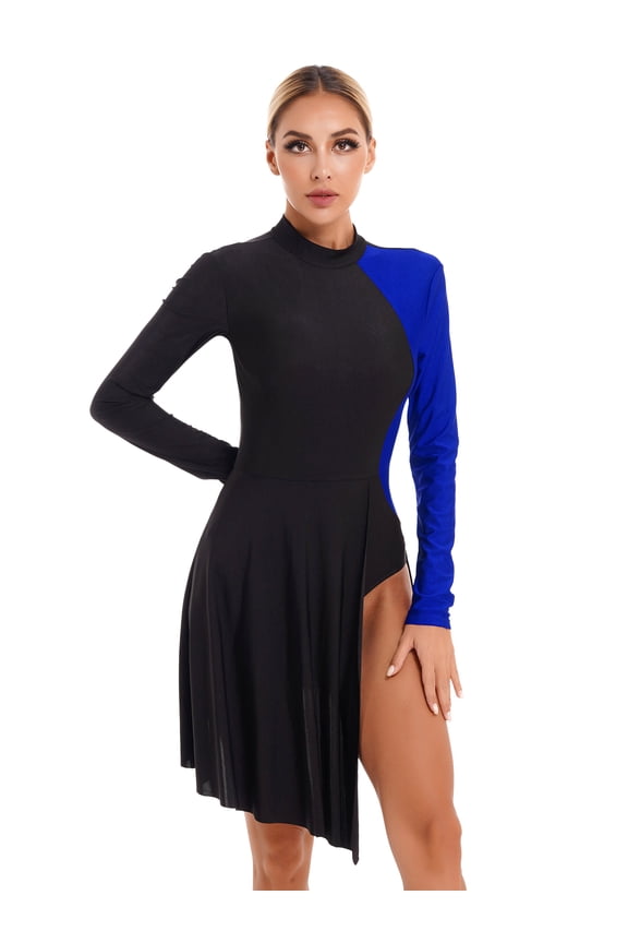 Women Lyrical Dance Dress Long Sleeve Side Split Asymmetrical Latin Ballroom Dance Dress Royal Blue S
