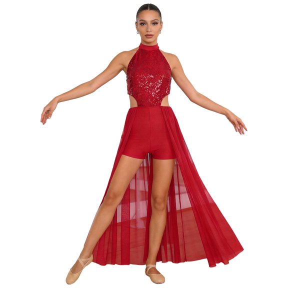 Doomiva Women Lyrical Dance Dress Sequined Hollow Out Leotard Tulle Flowy Dress Contemporary Dancewear Burgundy S
