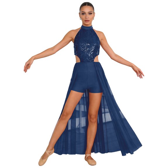 Doomiva Women Lyrical Dance Dress Sequined Hollow Out Leotard Tulle Flowy Dress Contemporary Dancewear Navy Blue S