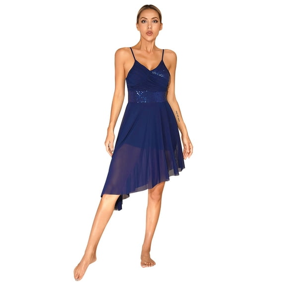 Doomiva Women Lyrical Dance Dress Spaghetti Strap Sequins Mesh Tulle Dress Contemporary Dancewear Navy_Blue L