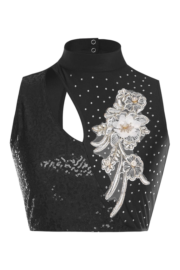 Women Lyrical Dance Tops Sparkly Sequins Crop Top Modern Contemporary Ballet Dancewear Black S