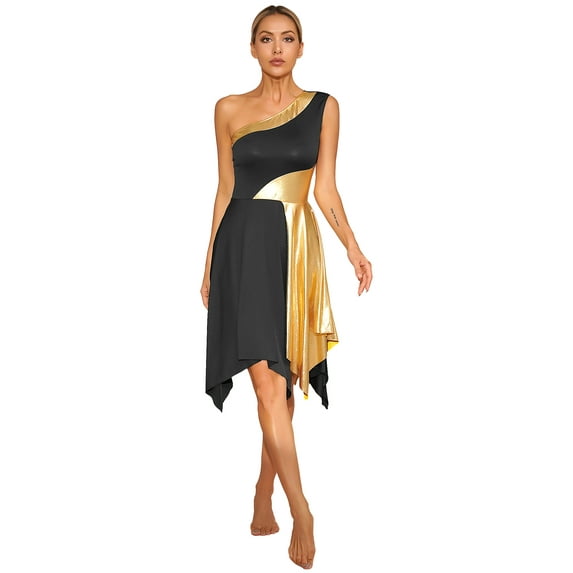 Doomiva Women Metallic Bi Color Liturgical Praise Dress Asymmetrical Worship Lyrical Dancewear Black XXL
