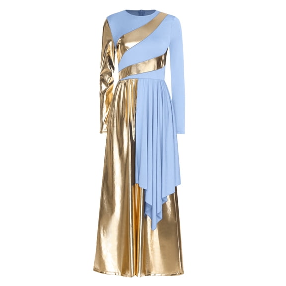 Doomiva Women Metallic Color Block Liturgical Praise Dance Bodysuit Wide-Leg Jumpsuit Light Blue S