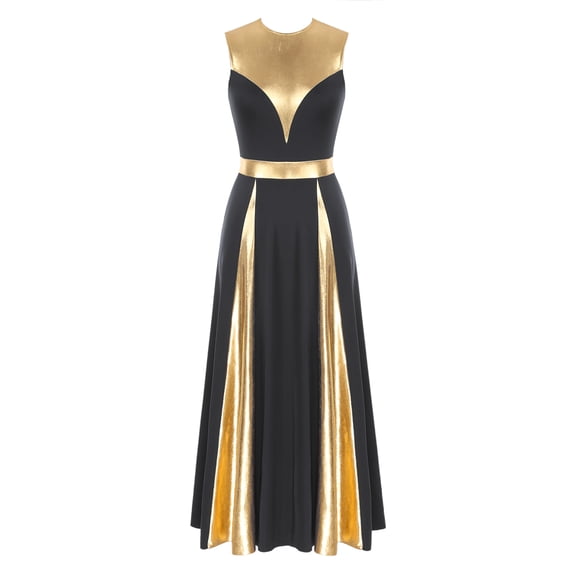 Doomiva Women Metallic Gold Praise Dance Dress Full Length Liturgical Lyrical Dancewear Worship Dress Black XL