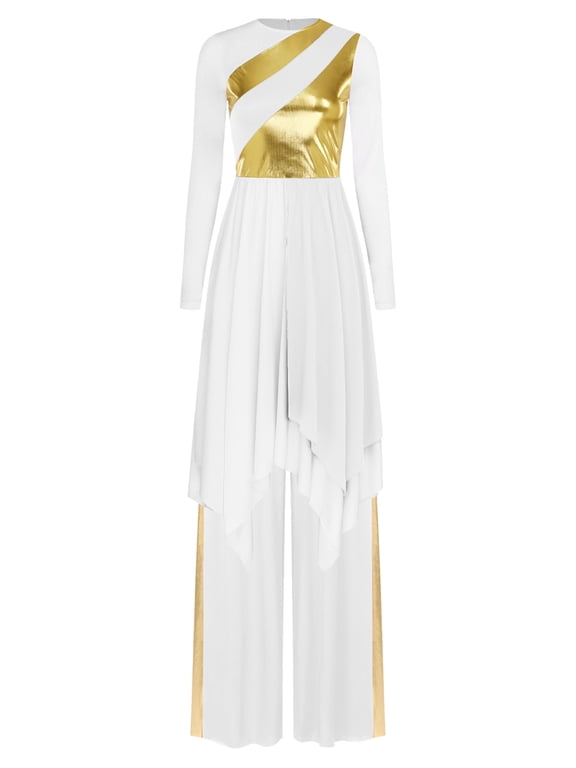Women Metallic Praise Dance Dress with Baggy Pants Liturgical Dancewear White L
