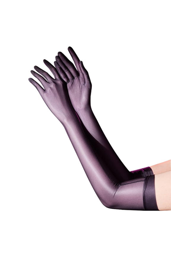 Women Oil Glossy Gloves Stretchy Gloves Ultra Thin Arm Sleeves Nylon See Through Gloves Cosplay Carnival Party Accessories Dark Gray M