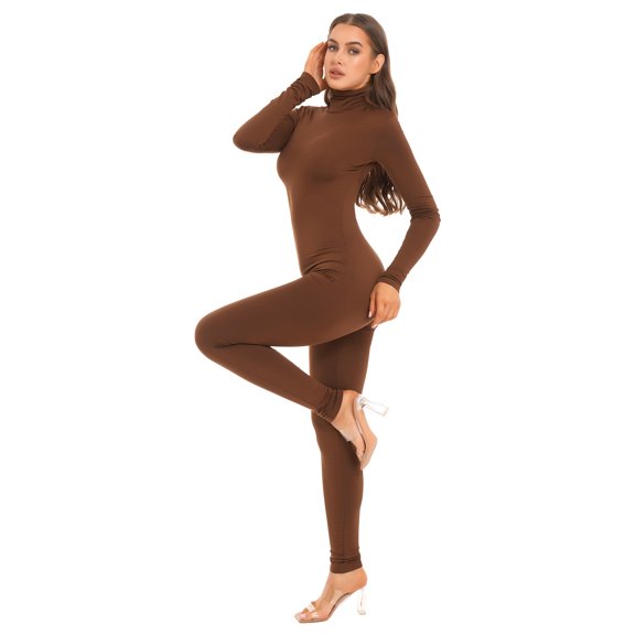 Doomiva Women One Piece Jumpsuits Long Sleeve Unitard Bodysuits High Collar Long Pants Leggings Brown L