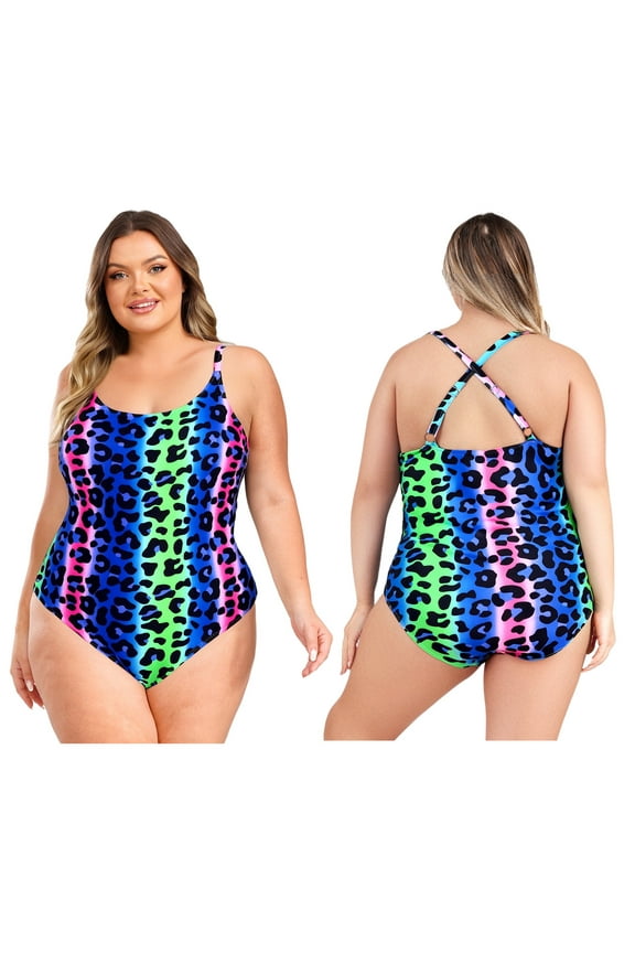 Women One Piece Plus Size Swimsuit Leopard Print Scoop Neck Beachwear Crist Cross Straps Blue XL