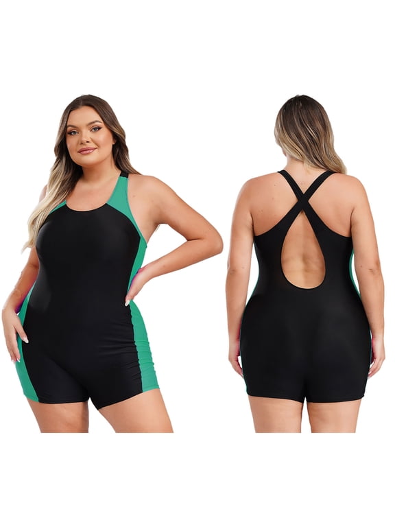 Women Plus Size One Piece Boyleg Swimwear Water Surfing Unitard Athletic Bathing Suit Mint Green XXL