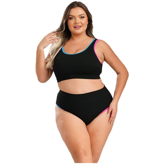 Doomiva Women Plus Size Push Up Bikini Swimwear Set Tummy Control Swimsuit Crop Tank Top with High Black L