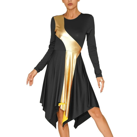 Doomiva Women Praise Dance Dress Long Sleeve Asymmetrical Hem Lyrical Liturgical Dancewear Black M