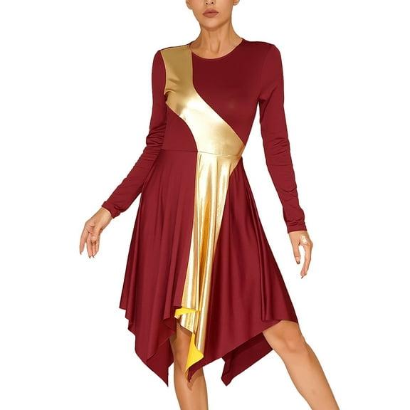 Doomiva Women Praise Dance Dress Long Sleeve Asymmetrical Hem Lyrical Liturgical Dancewear Burgundy M