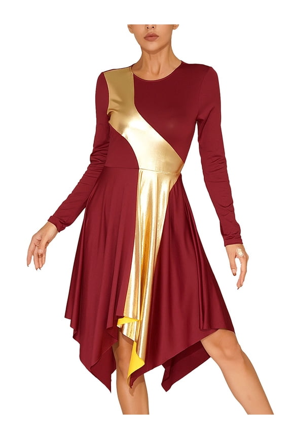 Women Praise Dance Dress Long Sleeve Asymmetrical Hem Lyrical Liturgical Dancewear Burgundy M