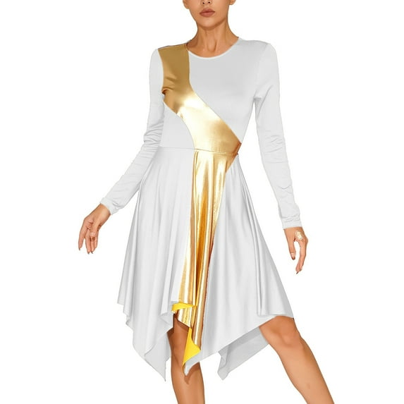 Doomiva Women Praise Dance Dress Long Sleeve Asymmetrical Hem Lyrical Liturgical Dancewear White S