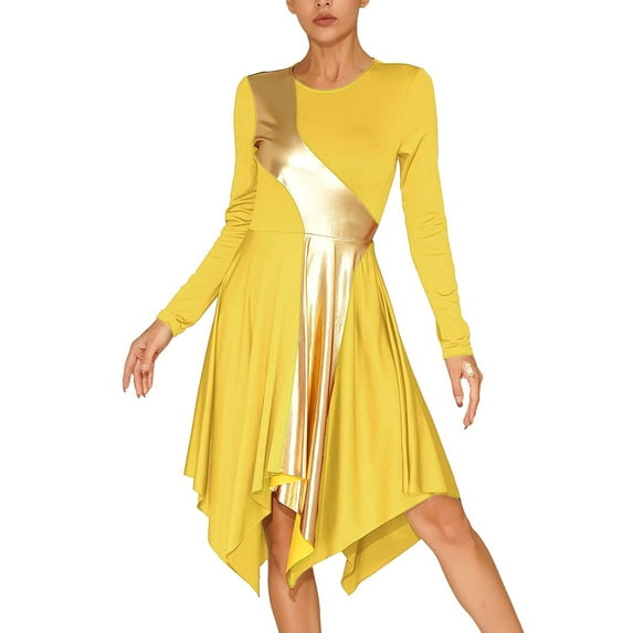 Doomiva Women Praise Dance Dress Long Sleeve Asymmetrical Hem Lyrical Liturgical Dancewear Yellow L