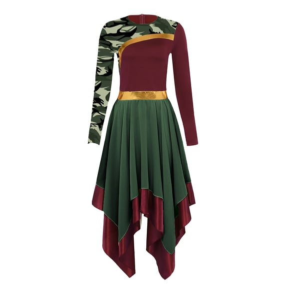 Doomiva Women Praise Dance Dresses Church Worship Dancewear Long Sleeve Printed Flowy Dress Burgundy M