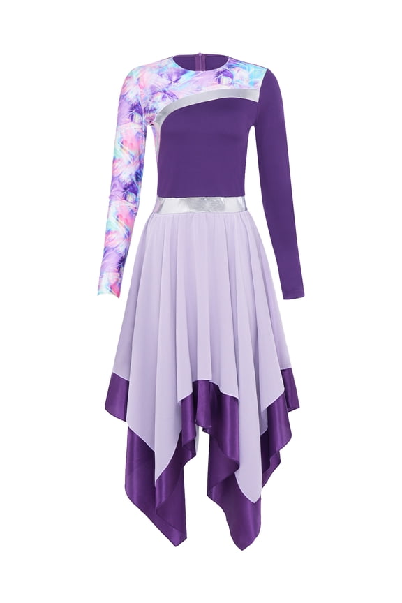Women Praise Dance Dresses Church Worship Dancewear Long Sleeve Printed Flowy Dress Purple M