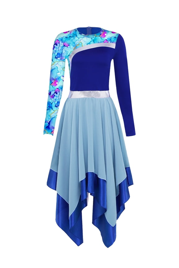 Women Praise Dance Dresses Church Worship Dancewear Long Sleeve Printed Flowy Dress Royal Blue M