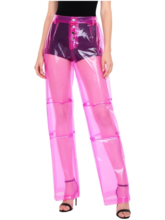 Women Pvc Pants Button Waist Back Pockets Wide Leg Straight-leg Trousers Hot Pink S