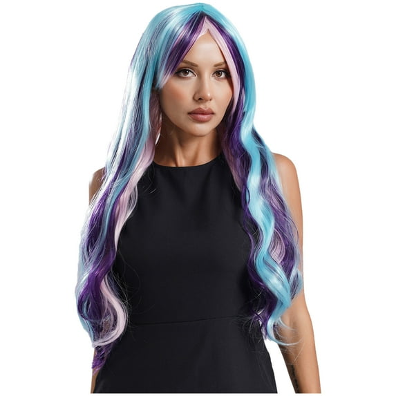 Doomiva Women Rainbow Ombre Wigs Long Wavy Wig Gradient Long Curly Heat Resistant Synthetic Hair Wig Blue&Purple One Size
