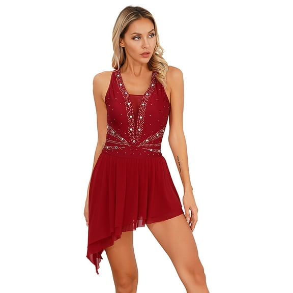 Doomiva Women Rhinestone Figure Ice Skating Dress Cross Back Modern Contemporary Lyrical Dance Dress Burgundy S