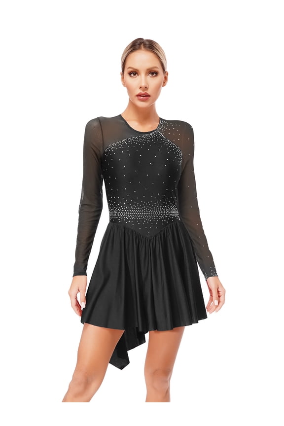 Women Rhinestone Figure Skating Dress Mesh Long Sleeve Roller Skating Lyrical Dancewear Black M