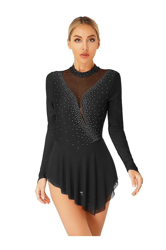 Women Rhinestone Sequin Long Sleeve Figure Ice Roller Skating Dress Dance Competition Dress Black S
