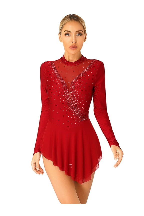 Women Rhinestone Sequin Long Sleeve Figure Ice Roller Skating Dress Dance Competition Dress Burgundy M