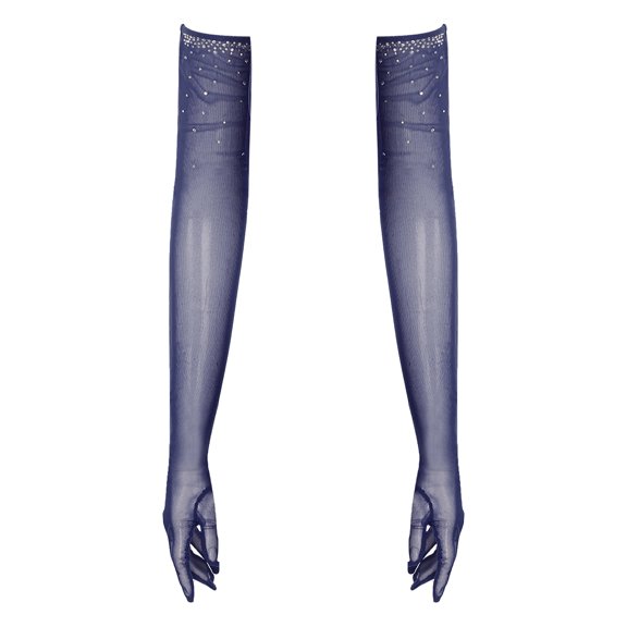 Doomiva Women Rhinestone Sheer Fishnet Gloves Elbow Length Tulle Gloves Accessories Navy Blue One Size