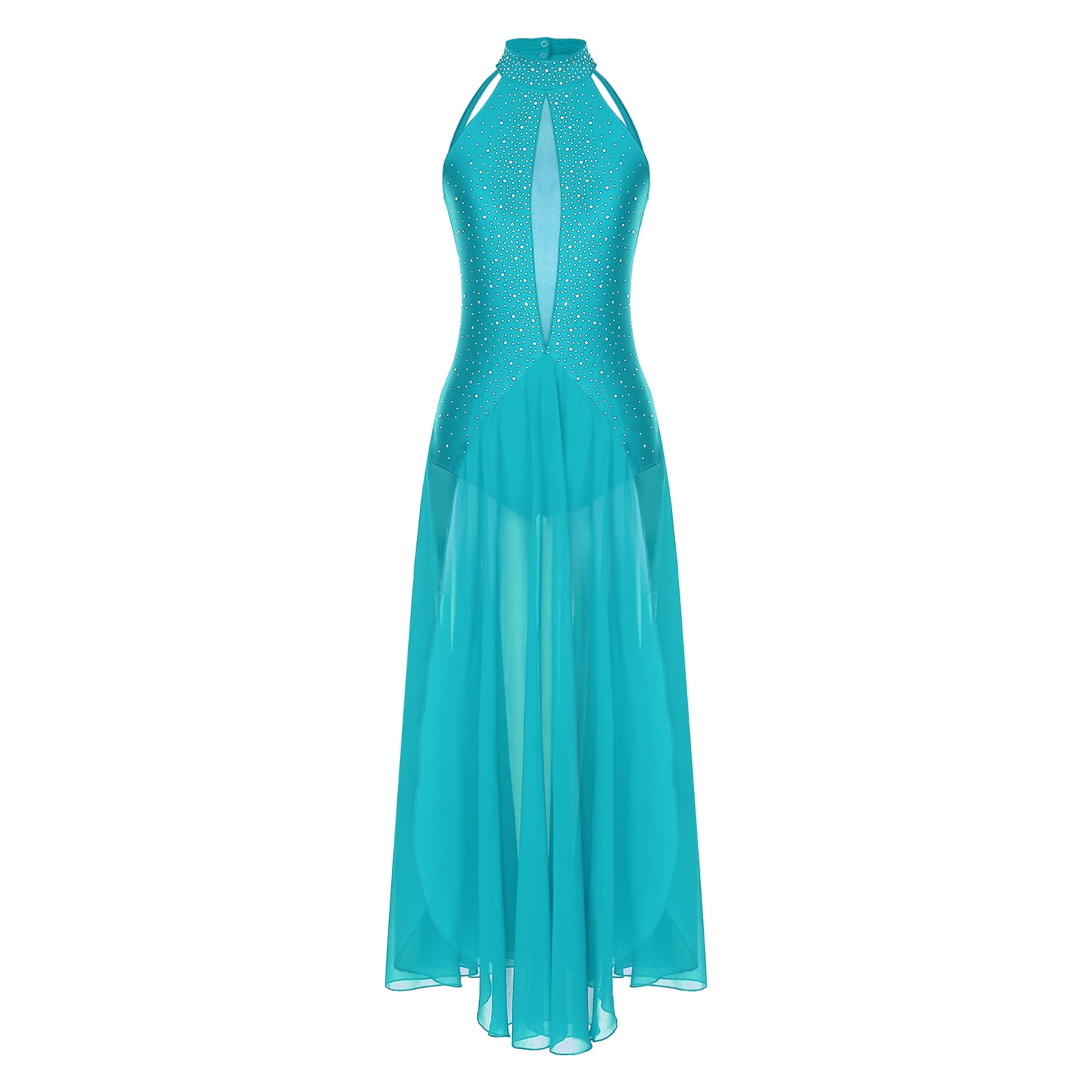 Women's Lyrical Dance Dress - Shiny Rhinestone Backless Leotard With Long Sheer Skirt, Contemporary Performance Wear 3 thumbnail image