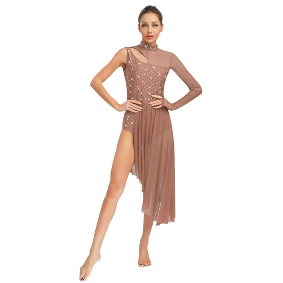 Doomiva Women Shiny Lyrical Dance Dress Asymmetric Figure Skating Dress Modern Contemporary Dancewear Dusty Pink L