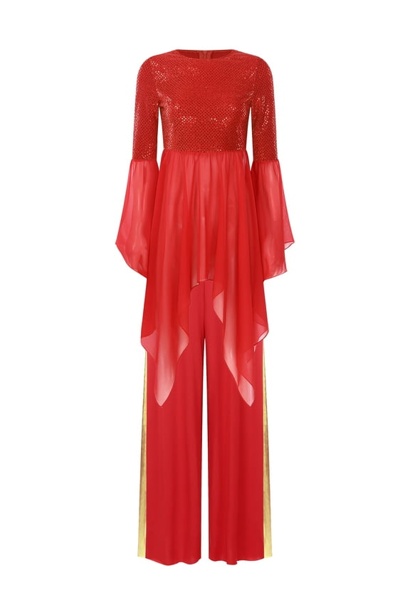 Women Shiny Sequin Asymmetrical Praise Dance Tunic with Wide Leg Pants Red L