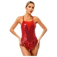 thumbnail image 1 of Doomiva Women Sparkling Sequins Fringed Dance Leotard Cross Back Jazz Ballet Latin Dance Dress Red S, 1 of 1