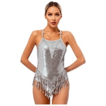 Doomiva Women Sparkling Sequins Fringed Dance Leotard Cross Back Jazz Ballet Latin Dance Dress Silver XL